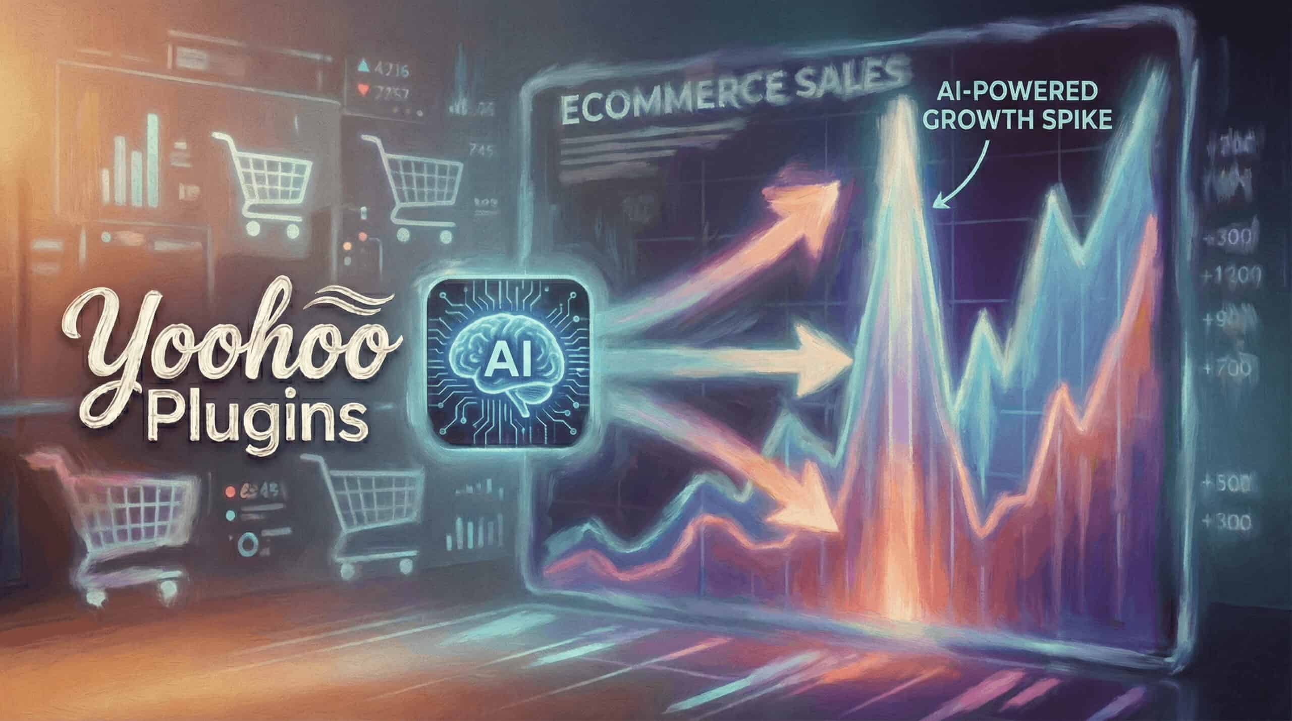 Yoohoo Plugins logo next to a futuristic AI icon, with bright arrows pointing toward a massive spike in an eCommerce sales graph.