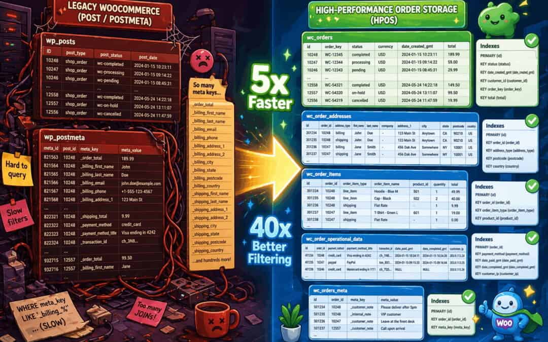 Split-screen comparison of legacy WooCommerce order storage versus High-Performance Order Storage, showing database tables and performance metrics.