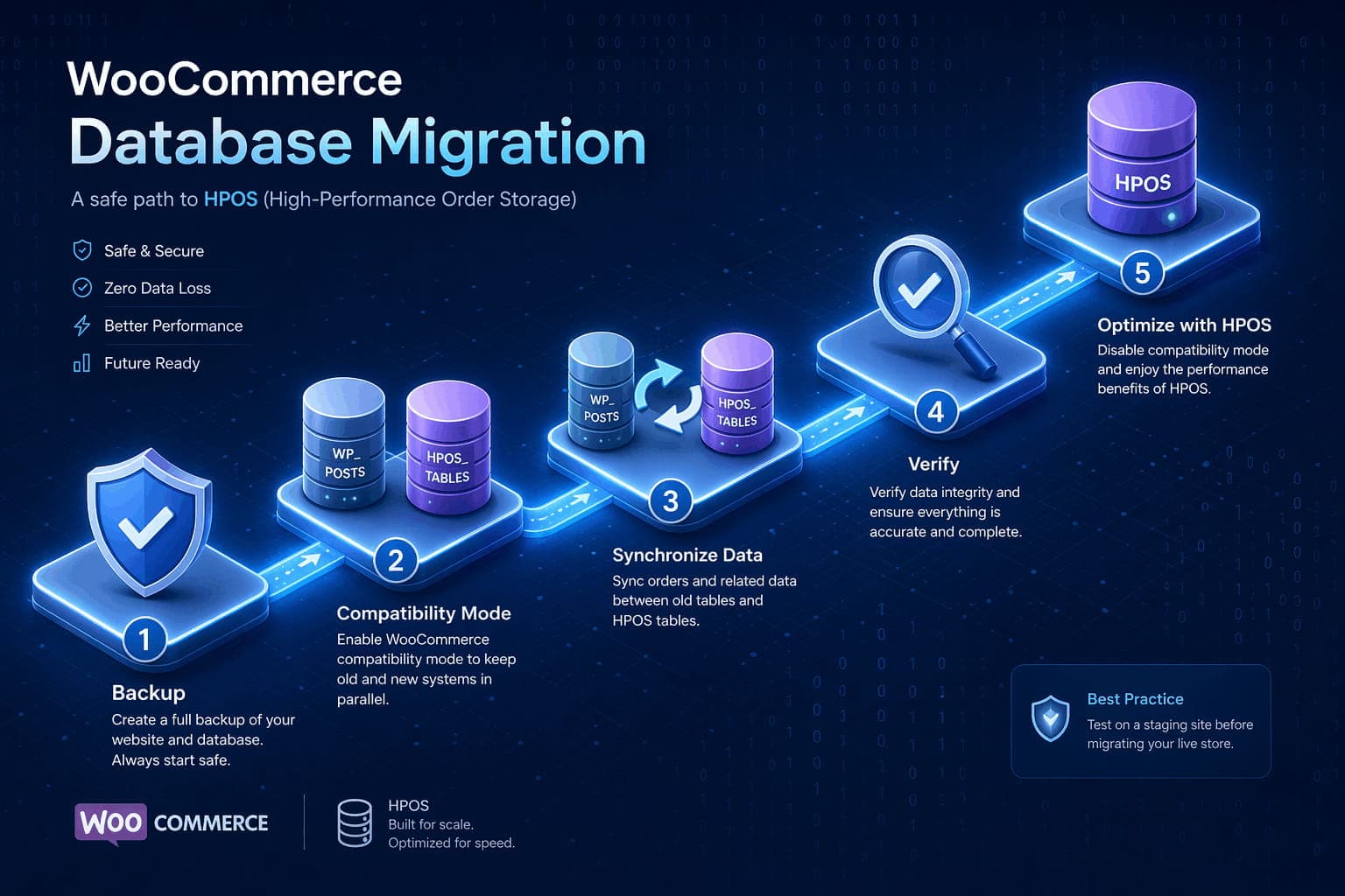 Five-step isometric infographic illustrating the safe WooCommerce HPOS migration process from backup to final optimization.