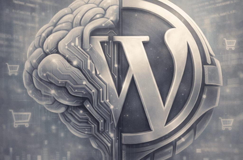 A sleek, chroma illustration of a, futuristic robotic brain seamlessly merging with the WordPress logo.