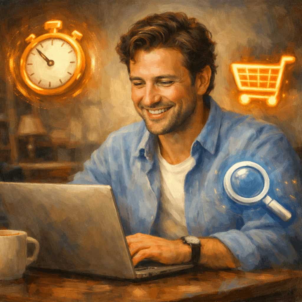 An entrepreneur looking relaxed and happy while working on a laptop, surrounded by floating glowing icons of a stopwatch, a magnifying glass, and a shopping cart.