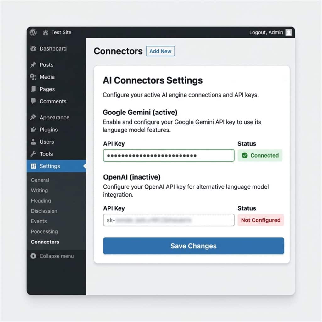 A realistic screenshot of the WordPress 7.0 AI Connectors settings page, displaying API key fields and connection status badges for the official AI Provider for Google and AI Provider for OpenAI plugins.