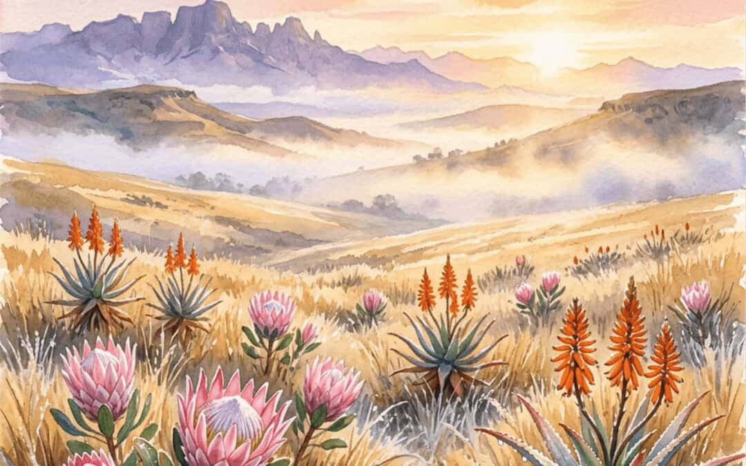 A gentle, poetic painting of a South African winter landscape at sunrise. Pink proteas and orange aloes bloom amid golden-yellow Highveld grasses, covered in soft mist, with the Drakensberg mountains in the distance.