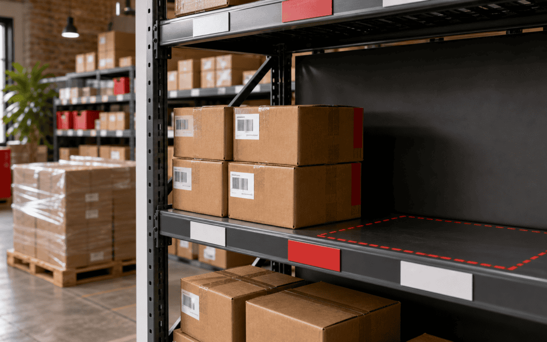 Organized warehouse shelves with an empty stock position marked in red beside incoming parcels.