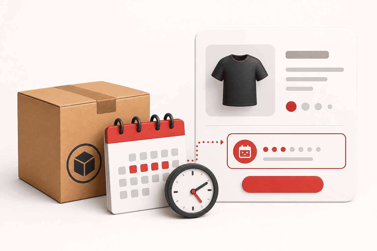 A shipping box, calendar, clock, and ecommerce product card illustrating an estimated lead time.