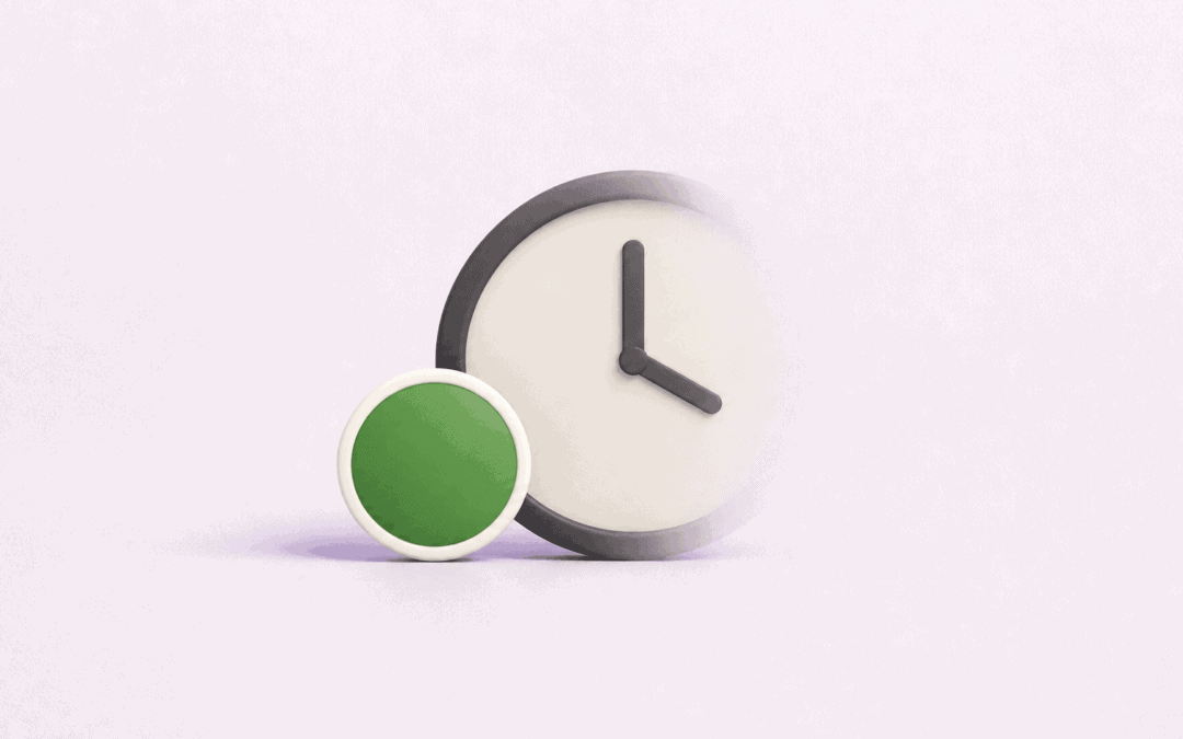 A green presence dot in front of a softly faded clock on a pale background.