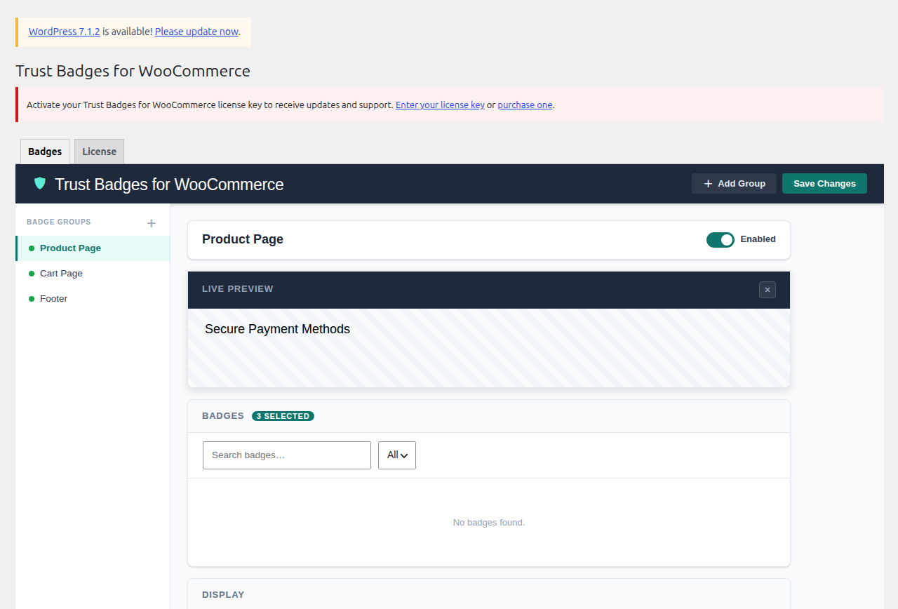 Trust Badges settings with live preview