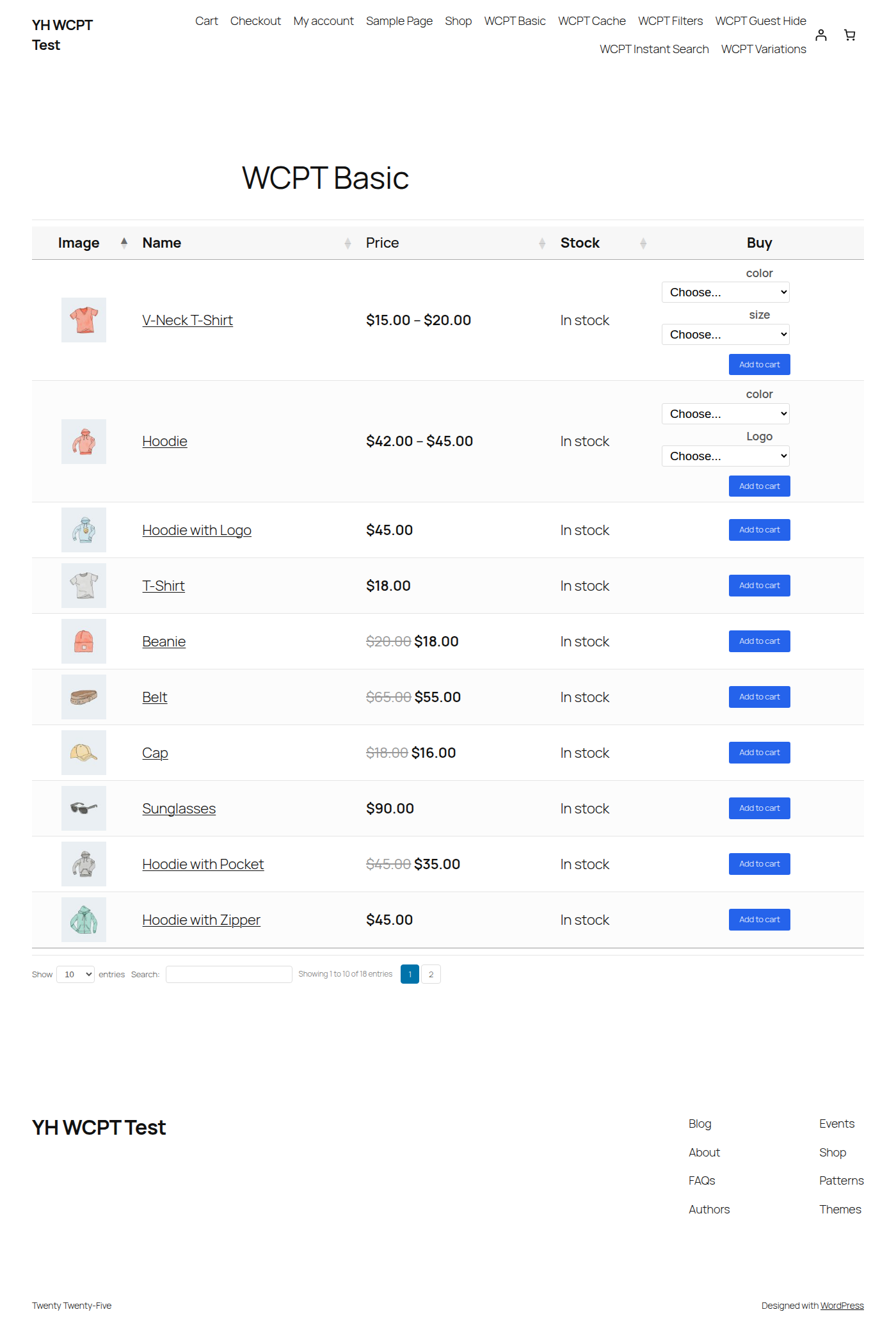 WooCommerce product table with thumbnails, names, prices, search and add to cart