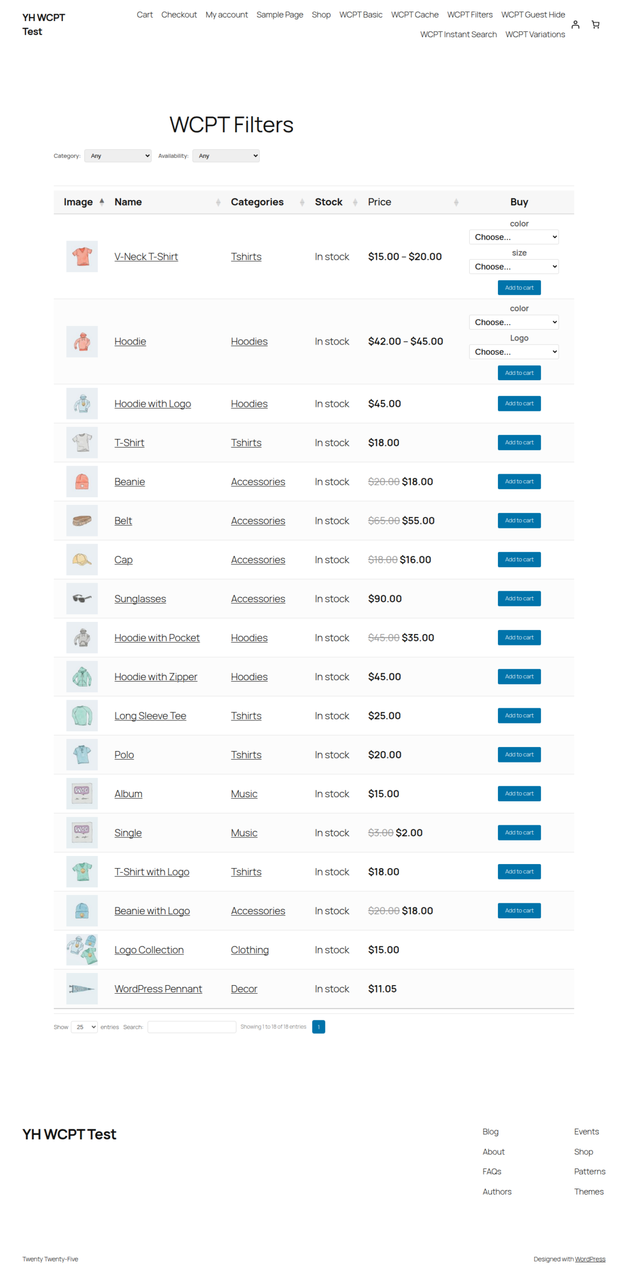 Product table with category and stock filter dropdowns