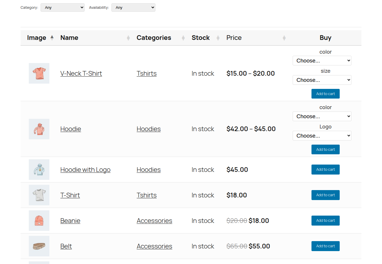 Category and stock filters above a WooCommerce product table