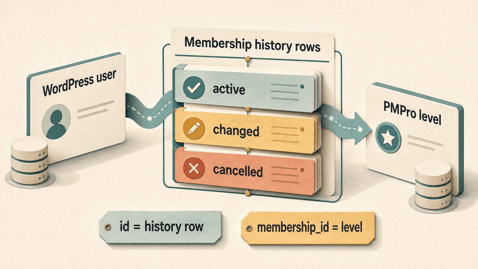Illustrated data path from a WordPress user through active, changed, and cancelled membership-history records to a PMPro level.