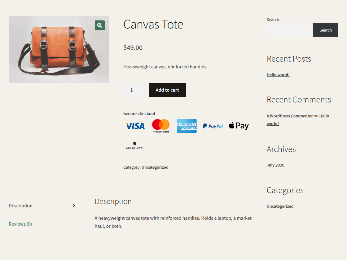 WooCommerce product page showing trust badges below add to cart