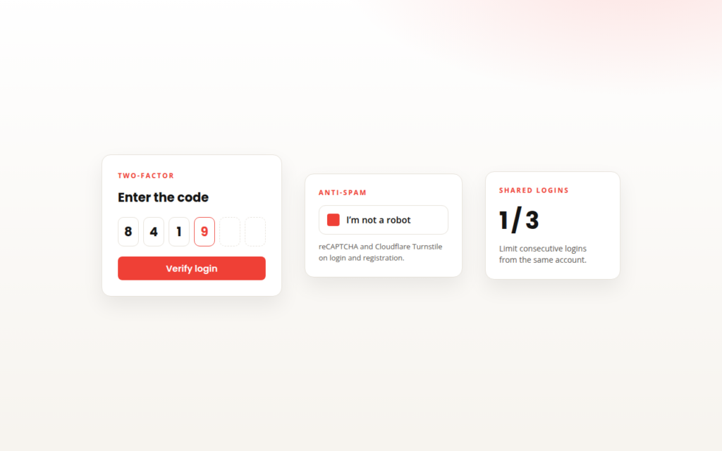 Two-factor authentication, CAPTCHA, and shared login limits