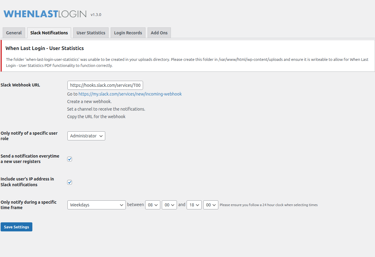 Yoohoo demo screen showing Slack Webhook URL, a role selector, registration and IP checkboxes, a weekday time window, and Save Settings.