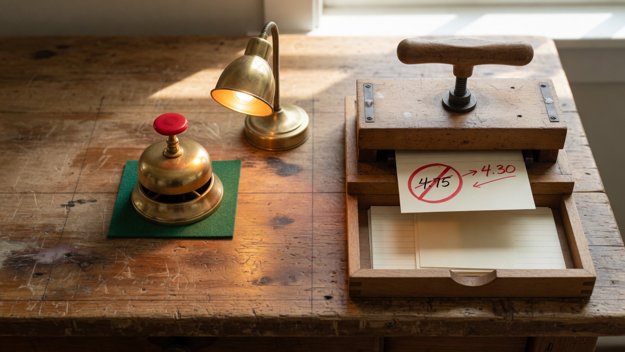 Wooden workbench with a brass service bell and glowing lamp on the left, and a stamp press returning a card that changes 4.75 to 4.30 on the right.