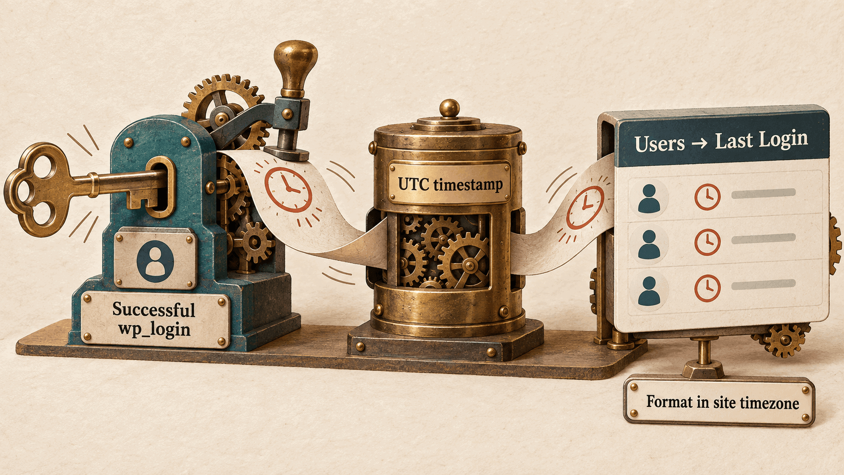 Clockwork illustration showing a successful WordPress login becoming a UTC timestamp and then a Last Login value in the Users screen.