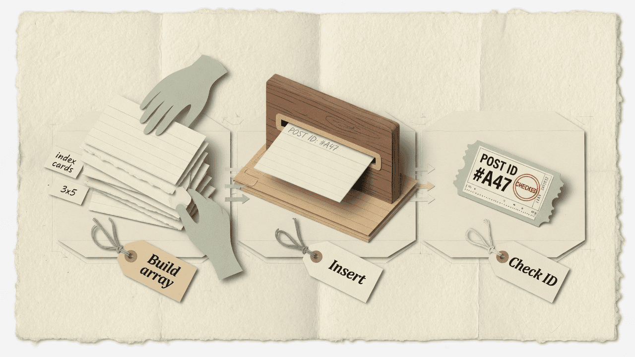 Paper-craft diagram of building an array of index cards, inserting a card through a wooden slot, and checking a numbered post ID ticket.