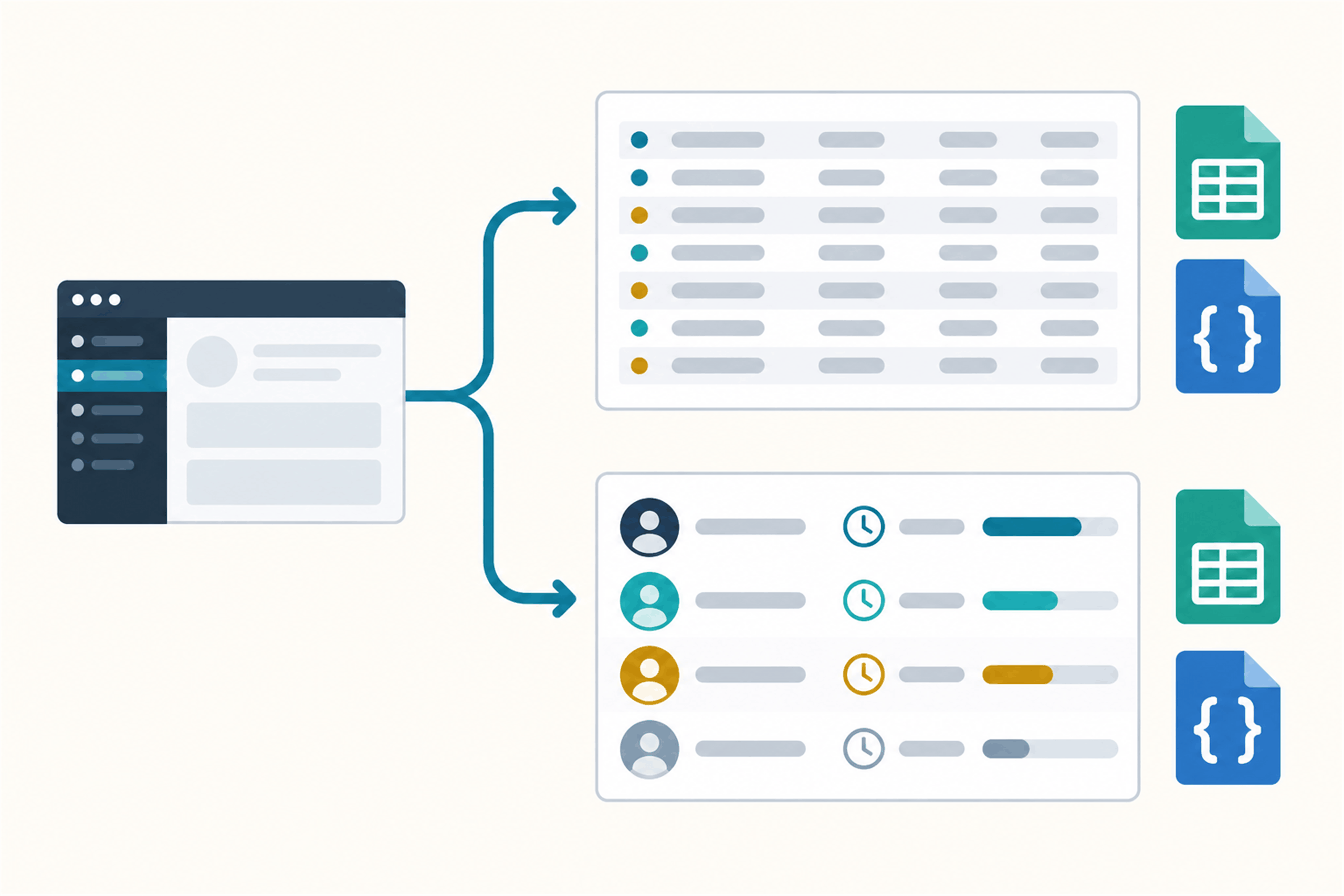 Illustration of two export routes: login history and per-user summaries, each available as CSV or JSON.